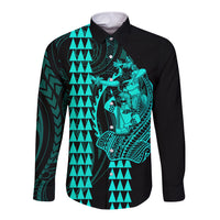 Polynesian Long Sleeve Button Shirt Hawaiian Warrior and Aloha Girl With Hammerhead Shark Tattoos Turquoise LT6 Unisex Green - Polynesian Pride