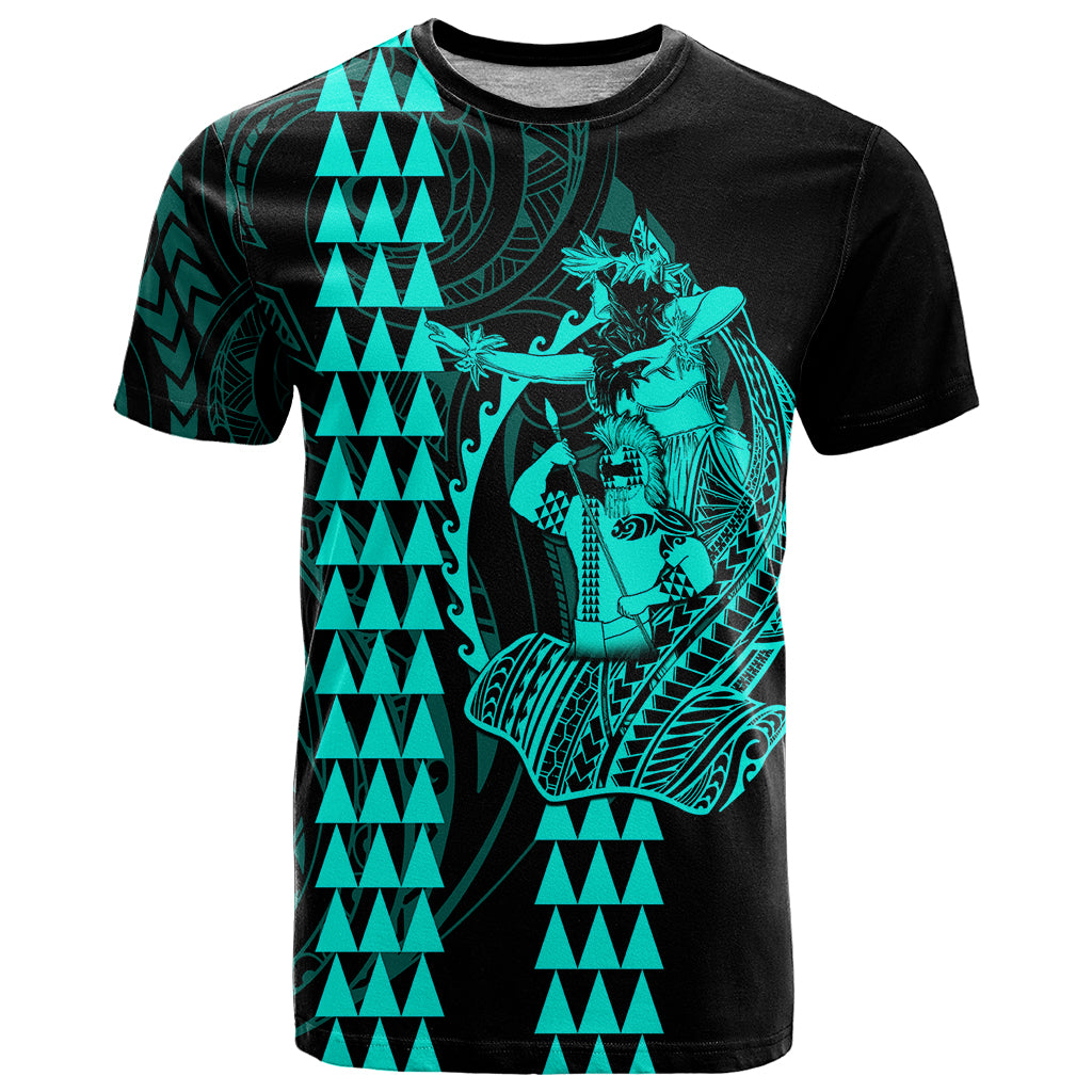 Polynesian T Shirt Hawaiian Warrior and Aloha Girl With Hammerhead Shark Tattoos Turquoise LT6 Green - Polynesian Pride