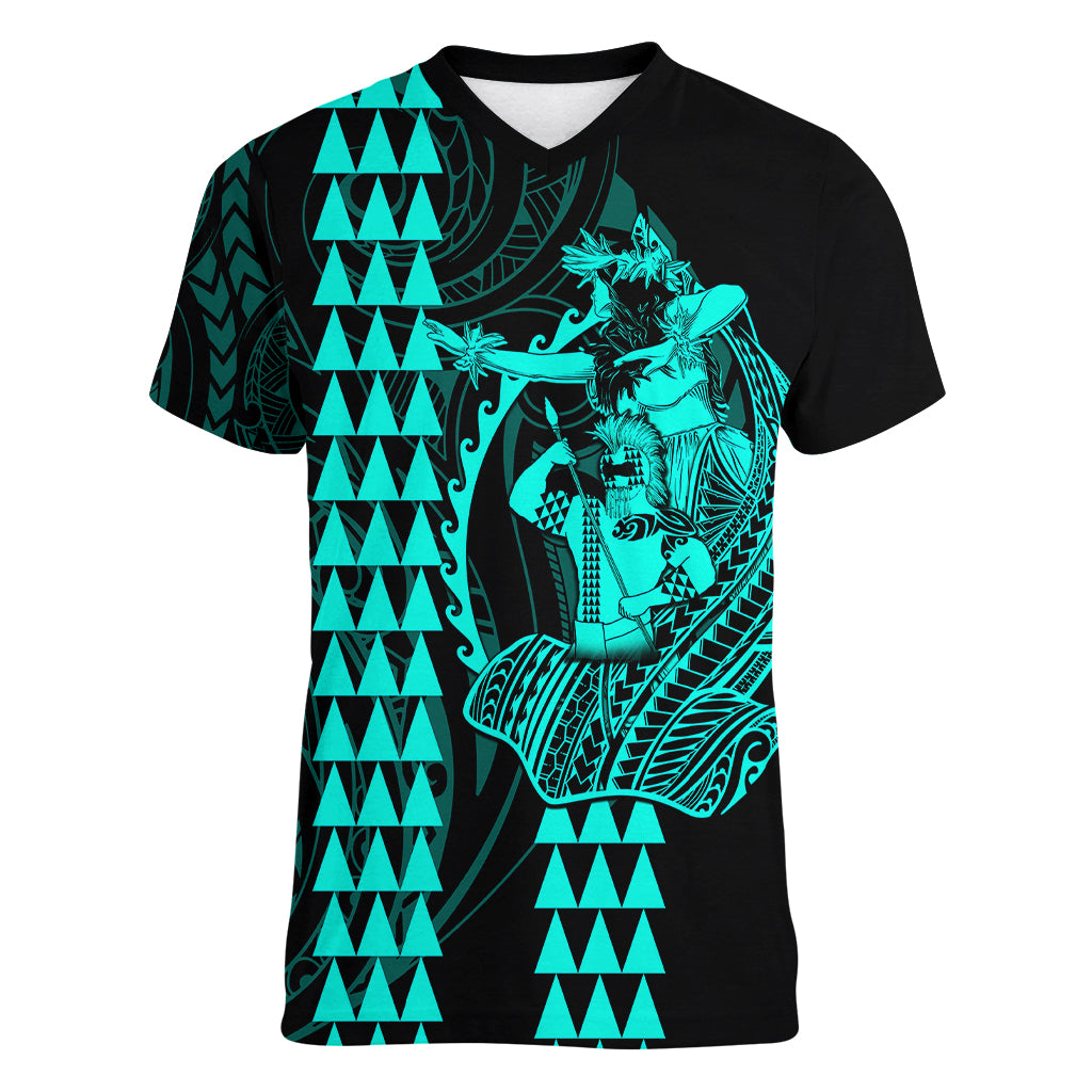 Polynesian Women V Neck T Shirt Hawaiian Warrior and Aloha Girl With Hammerhead Shark Tattoos Turquoise LT6 Female Green - Polynesian Pride
