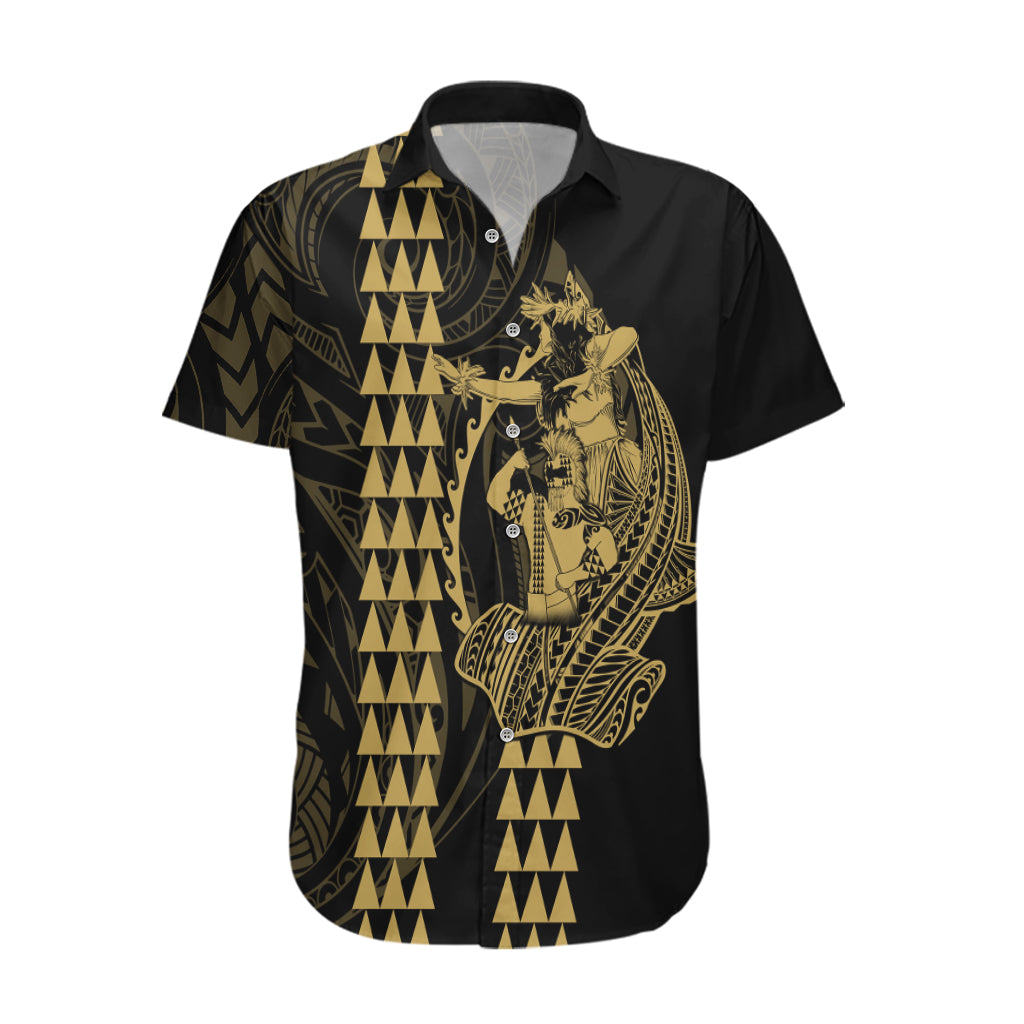 Polynesian Hawaiian Shirt Hawaiian Warrior and Aloha Girl With Hammerhead Shark Tattoos Gold LT6 Gold - Polynesian Pride