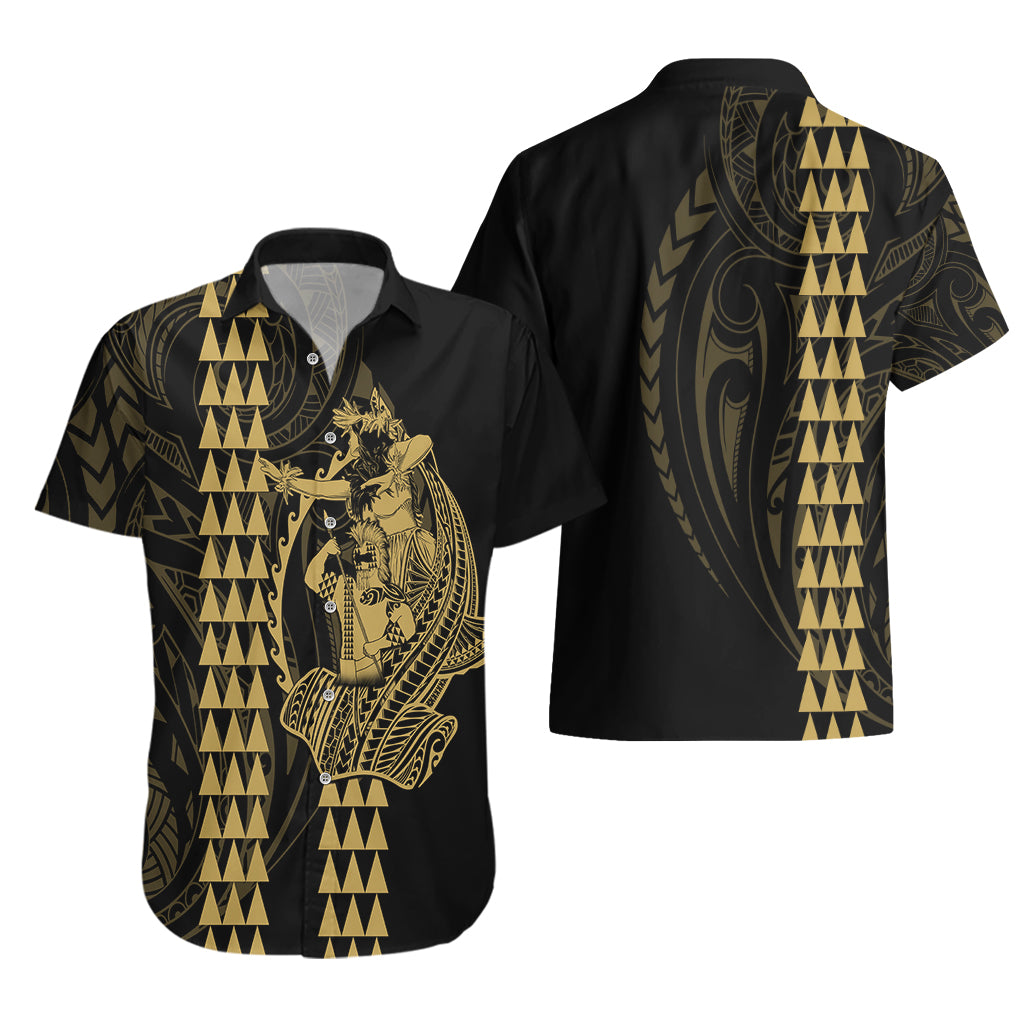 Polynesian Couples Matching Outfits Long Sleeve Dress And Long Sleeve Button Shirt Hawaiian Warrior and Aloha Girl With Hammerhead Shark Tattoos Gold LT6 - Polynesian Pride