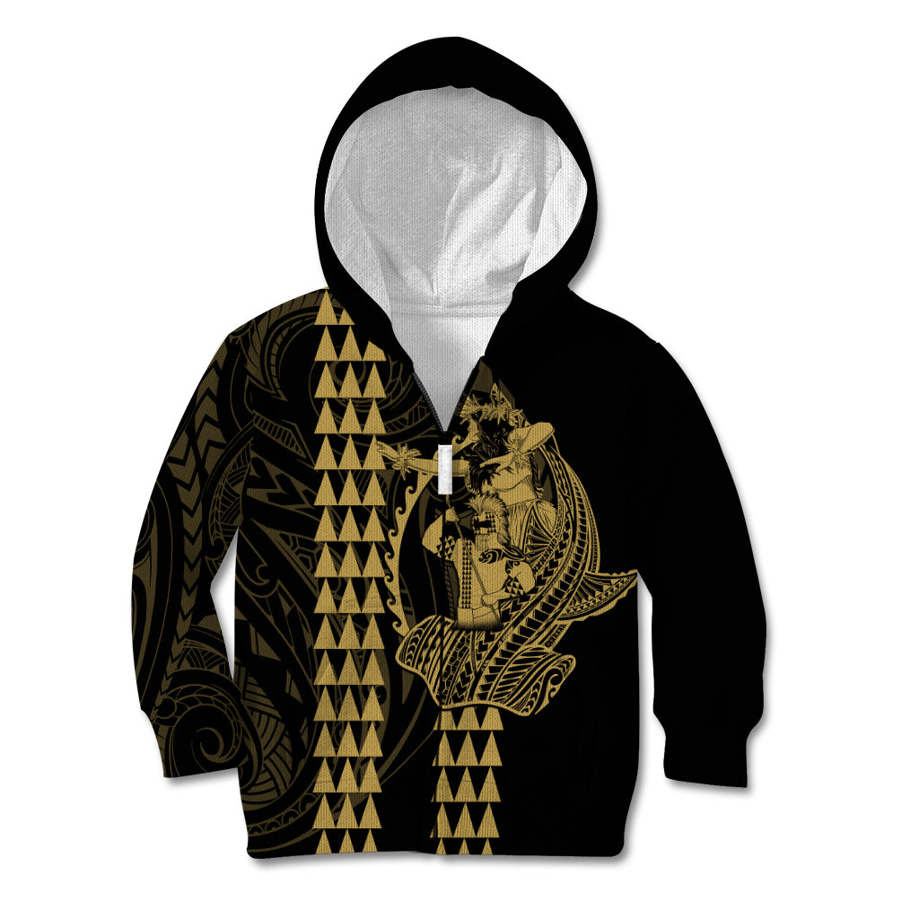 Polynesian Kid Hoodie Hawaiian Warrior and Aloha Girl With Hammerhead Shark Tattoos Gold LT6 Zip Hoodie Gold - Polynesian Pride