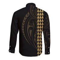 Polynesian Long Sleeve Button Shirt Hawaiian Warrior and Aloha Girl With Hammerhead Shark Tattoos Gold LT6 - Polynesian Pride