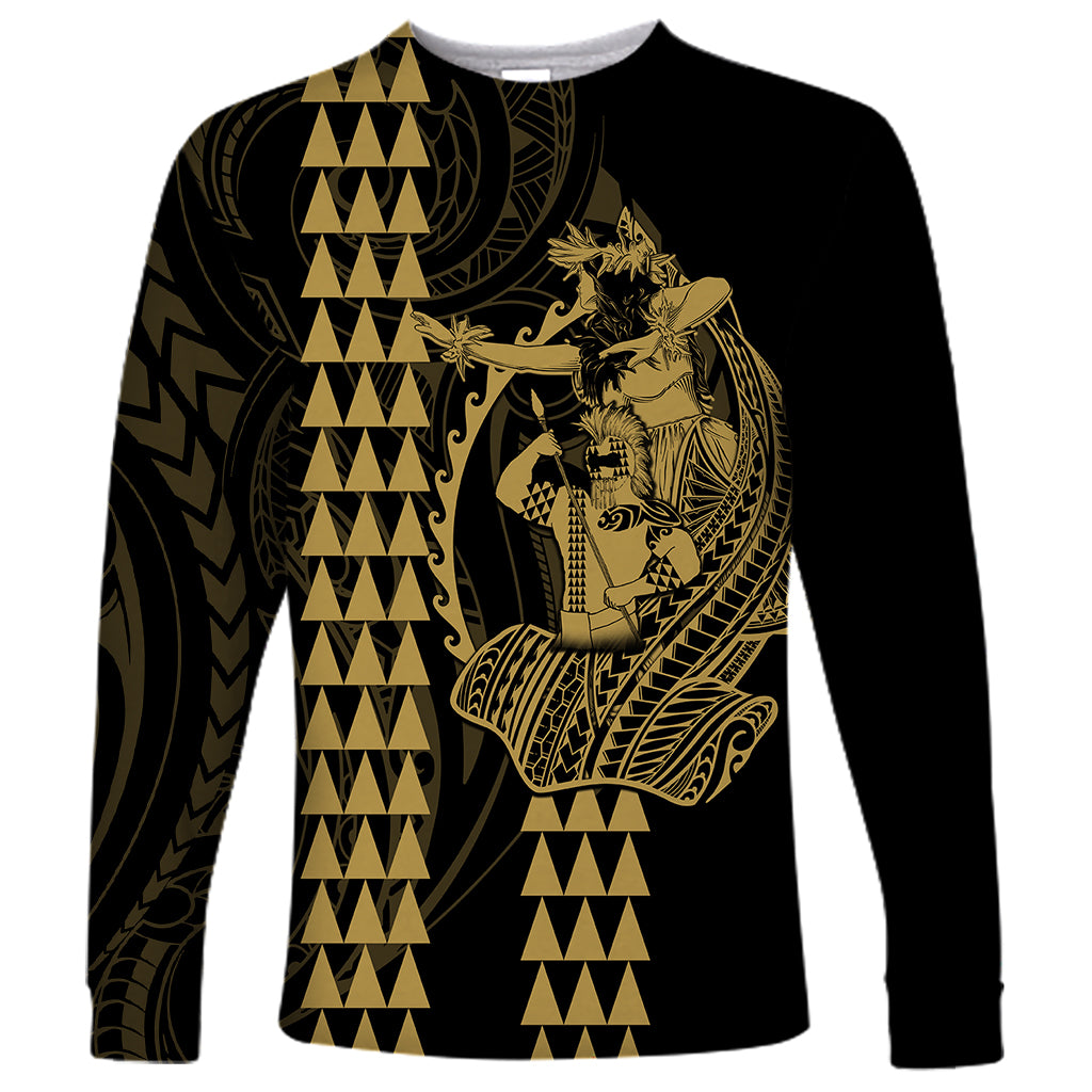 Polynesian Long Sleeve Shirt Hawaiian Warrior and Aloha Girl With Hammerhead Shark Tattoos Gold LT6 Unisex Gold - Polynesian Pride