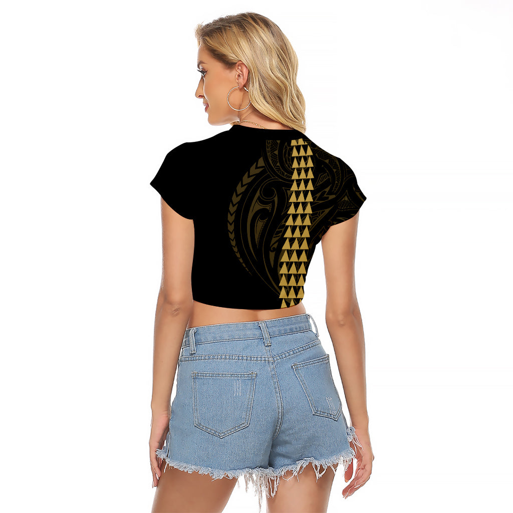 Polynesian Raglan Cropped T Shirt Hawaiian Warrior and Aloha Girl With Hammerhead Shark Tattoos Gold LT6 - Polynesian Pride