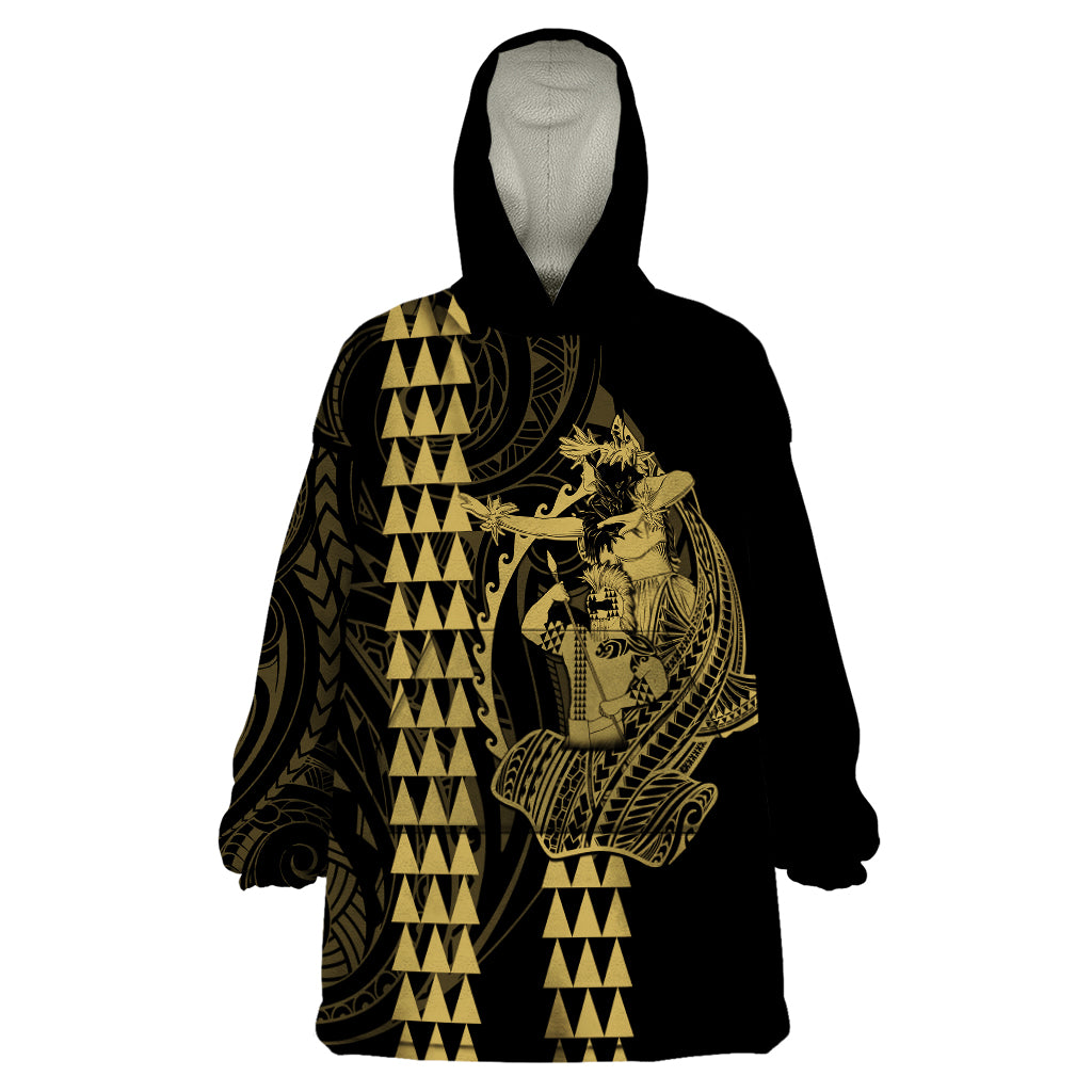 Polynesian Wearable Blanket Hoodie Hawaiian Warrior and Aloha Girl With Hammerhead Shark Tattoos Gold LT6 One Size Gold - Polynesian Pride