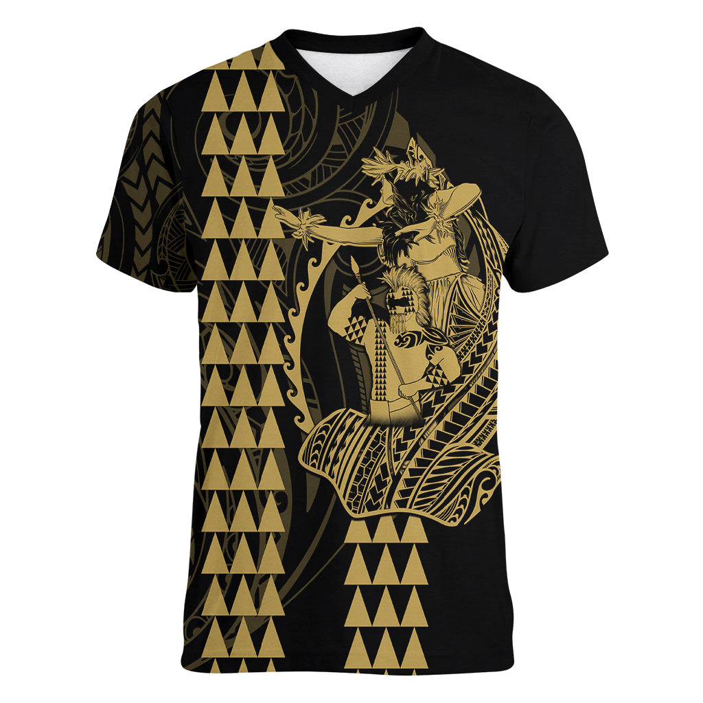 Polynesian Women V Neck T Shirt Hawaiian Warrior and Aloha Girl With Hammerhead Shark Tattoos Gold LT6 Female Gold - Polynesian Pride