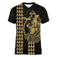 Polynesian Women V Neck T Shirt Hawaiian Warrior and Aloha Girl With Hammerhead Shark Tattoos Gold LT6 Female Gold - Polynesian Pride