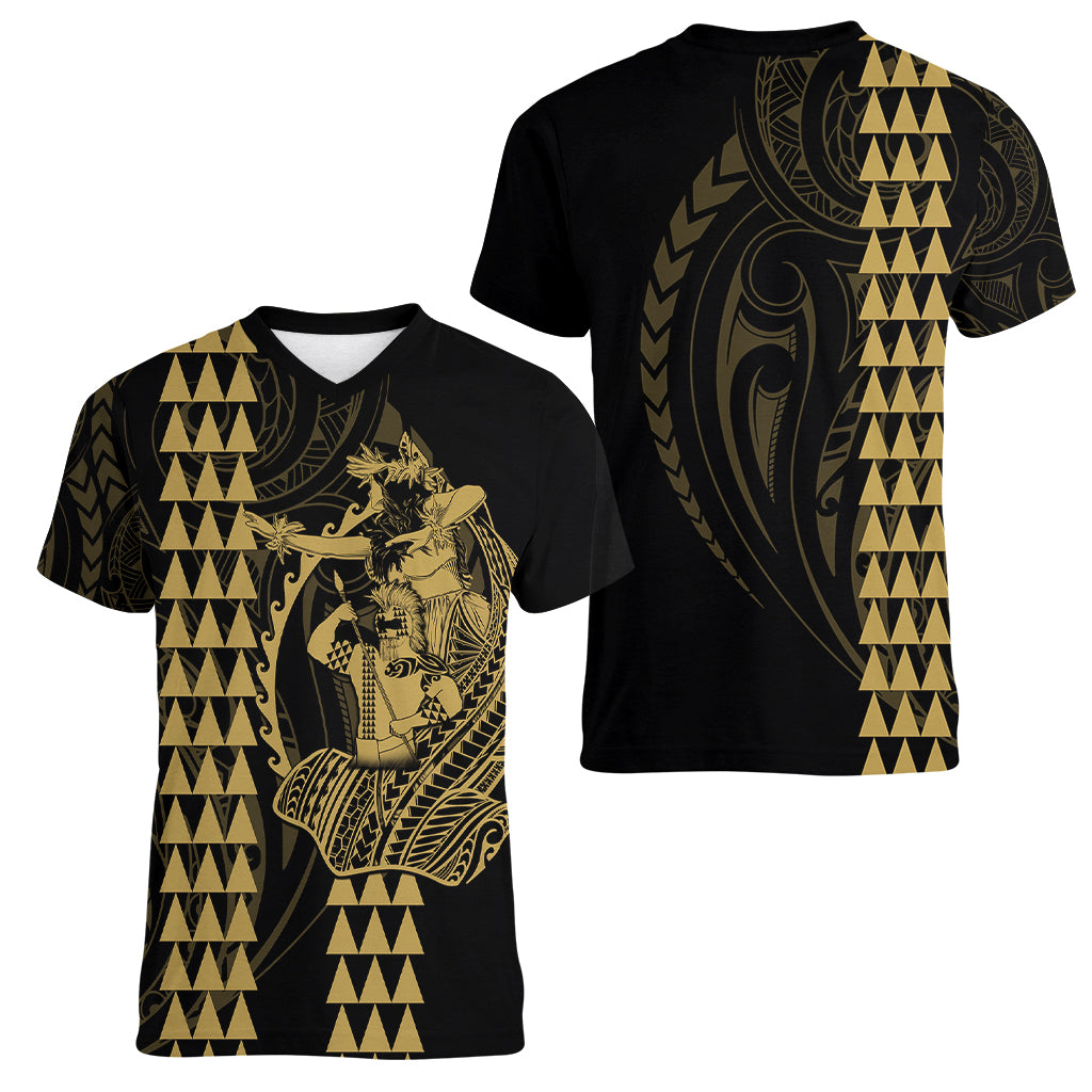 Polynesian Women V Neck T Shirt Hawaiian Warrior and Aloha Girl With Hammerhead Shark Tattoos Gold LT6 - Polynesian Pride
