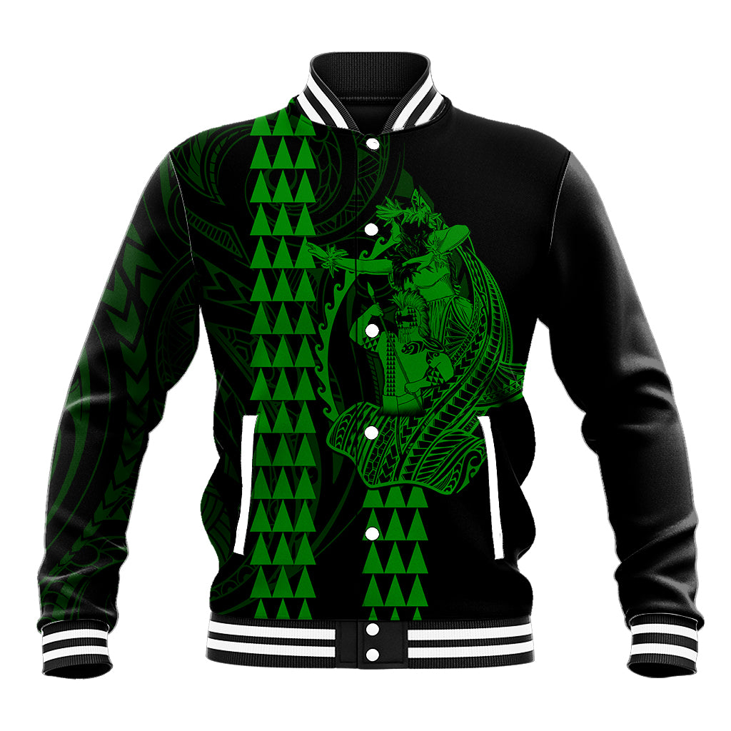 Polynesian Baseball Jacket Hawaiian Warrior and Aloha Girl With Hammerhead Shark Tattoos Green LT6 Unisex Green - Polynesian Pride