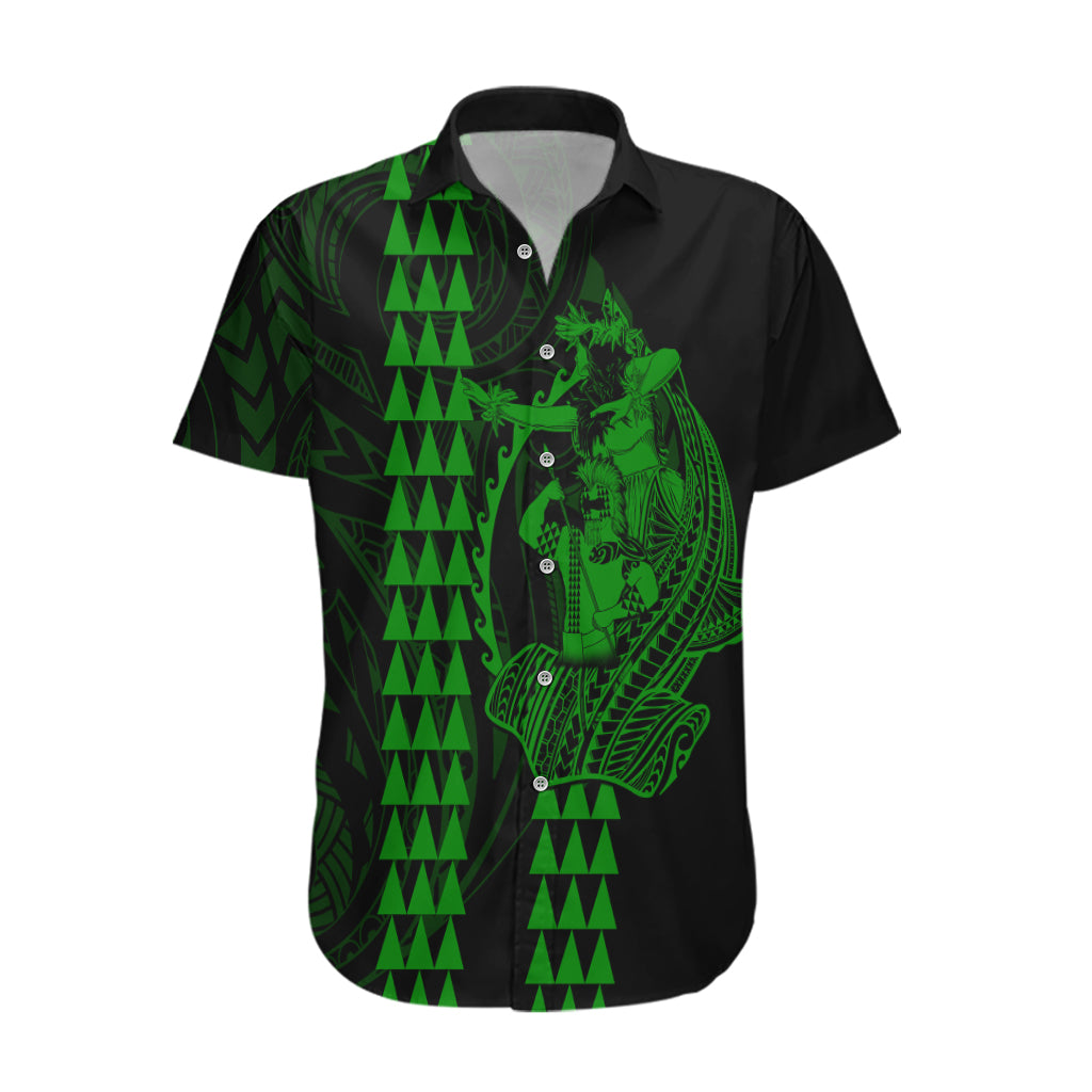 Polynesian Hawaiian Shirt Hawaiian Warrior and Aloha Girl With Hammerhead Shark Tattoos Green LT6 Green - Polynesian Pride