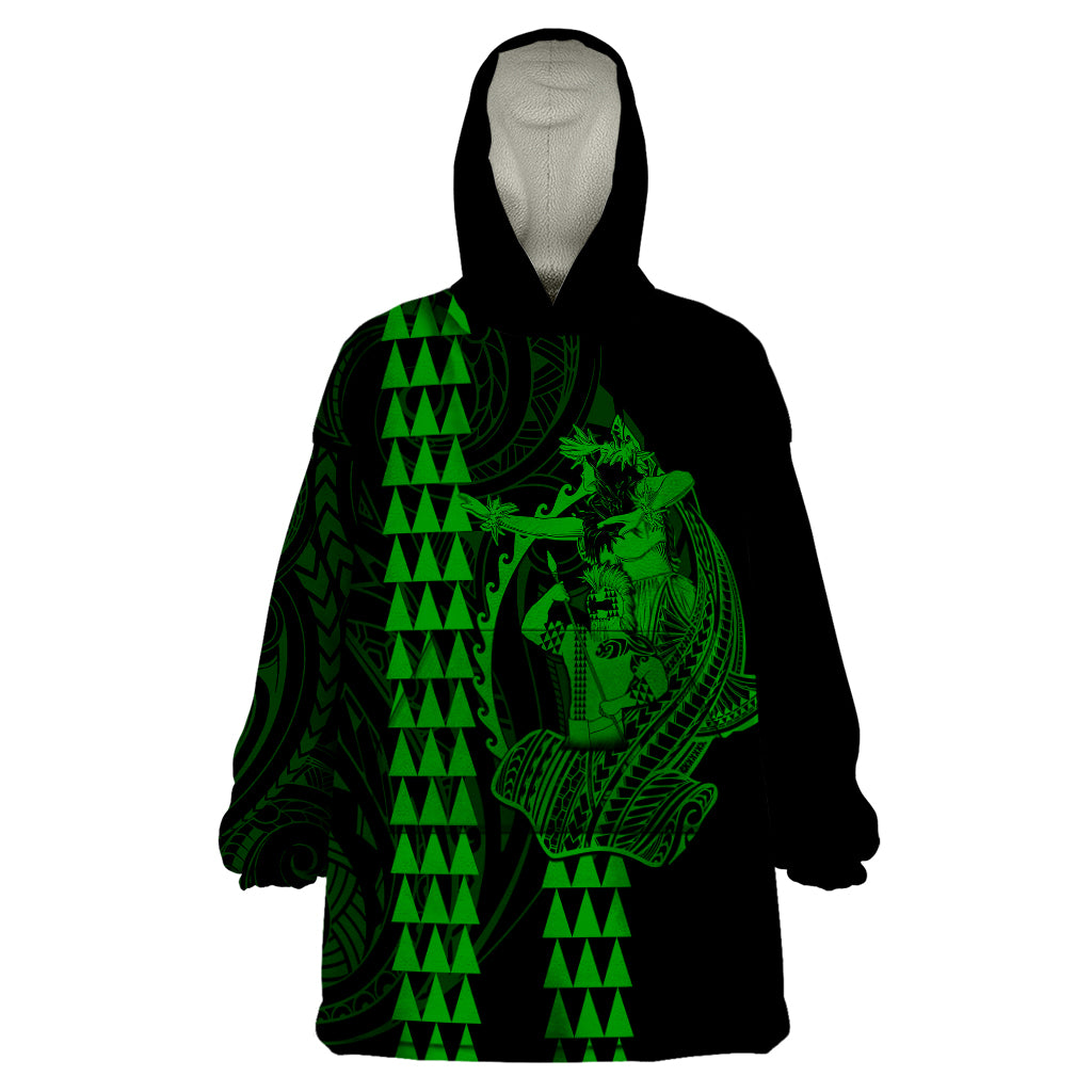 Polynesian Wearable Blanket Hoodie Hawaiian Warrior and Aloha Girl With Hammerhead Shark Tattoos Green LT6 One Size Green - Polynesian Pride