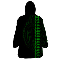 Polynesian Wearable Blanket Hoodie Hawaiian Warrior and Aloha Girl With Hammerhead Shark Tattoos Green LT6 - Polynesian Pride