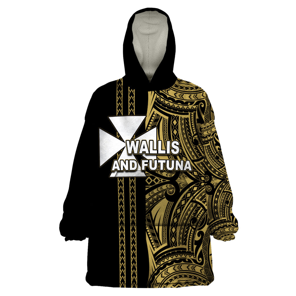 Custom Wallis and Futuna Wearable Blanket Hoodie Polynesian Tribal Gold LT6 One Size Gold - Polynesian Pride