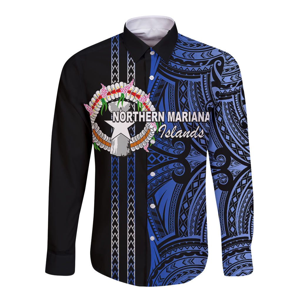 Custom Northern Mariana Islands Long Sleeve Button Shirt Polynesian Tribal LT6 Unisex Blue - Polynesian Pride