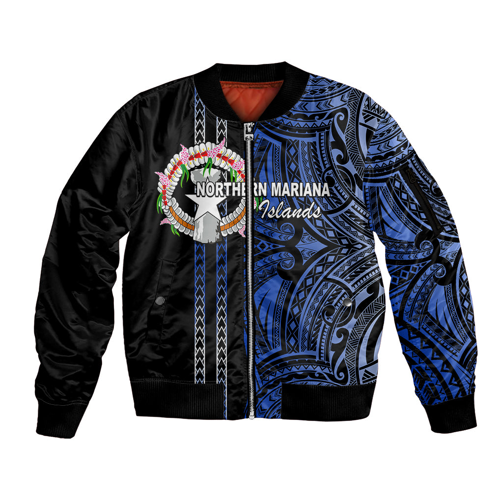 Custom Northern Mariana Islands Sleeve Zip Bomber Jacket Polynesian Tribal LT6 Unisex Blue - Polynesian Pride