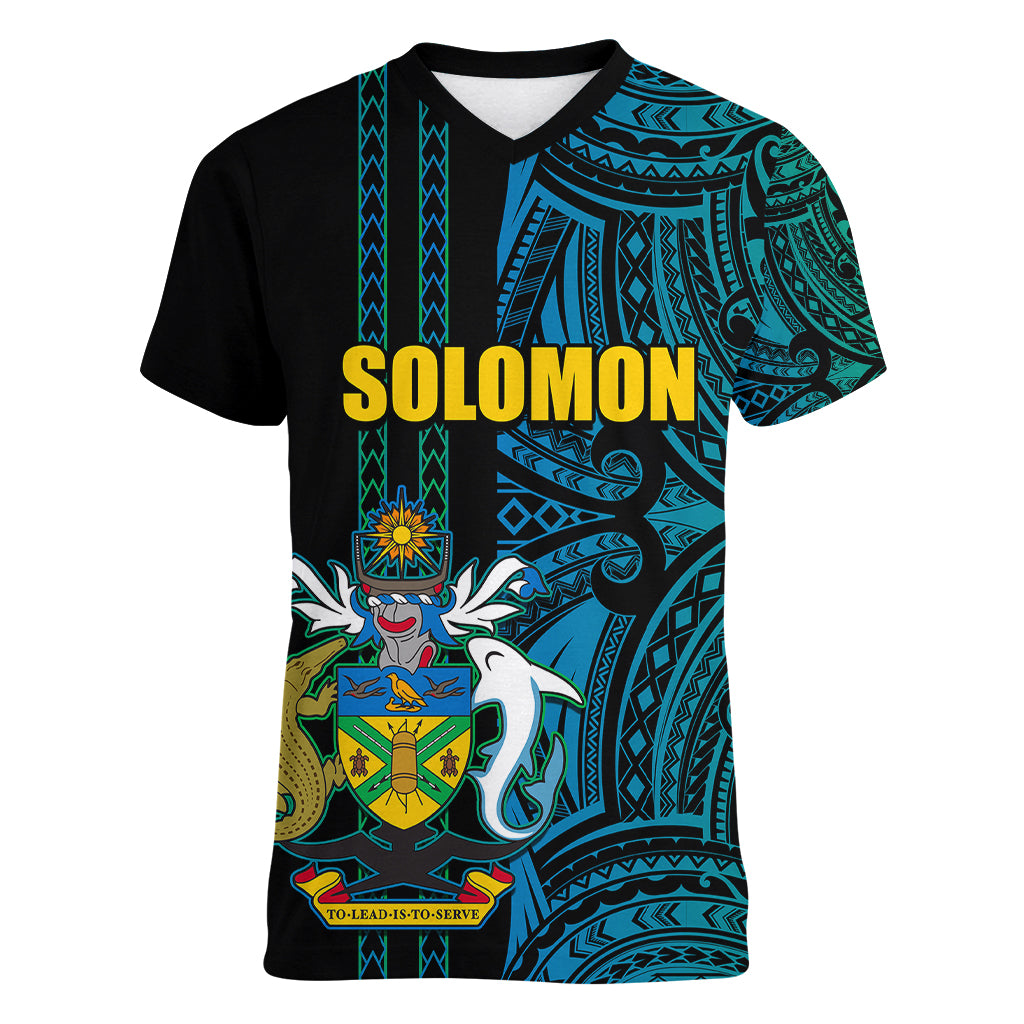 Custom Solomon Islands Women V Neck T Shirt Polynesian Tribal LT6 Female Blue - Polynesian Pride