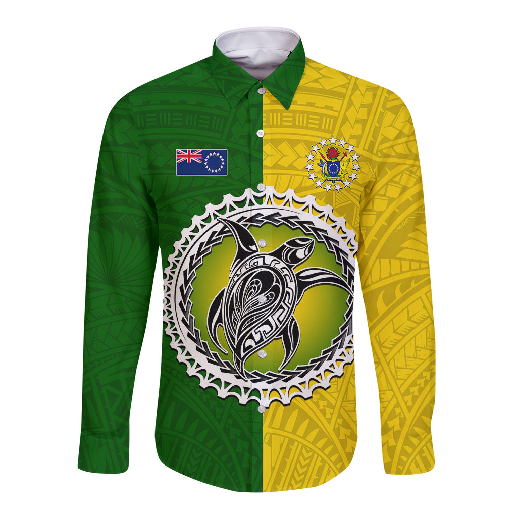 Cook Islands Long Sleeve Button Shirt Yellow-Green Half Style LT6 Unisex Green - Polynesian Pride