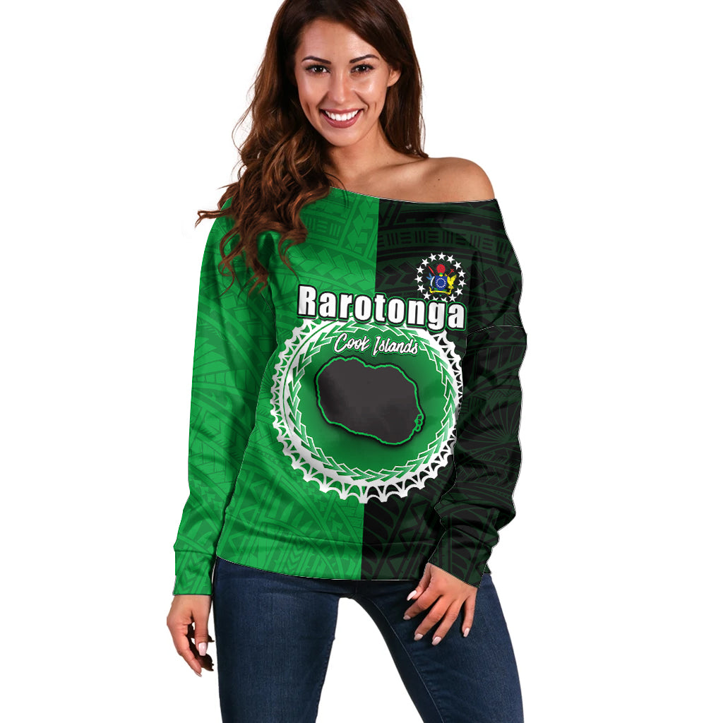 Custom Rarotonga Of Cook Islands Off Shoulder Sweater Mix Half Black LT6 Women Green - Polynesian Pride