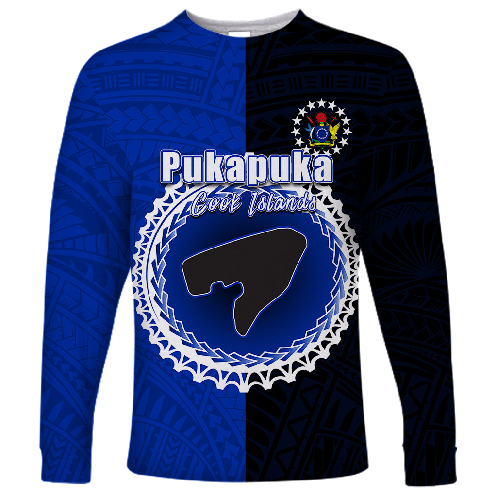 Custom Pukapuka Of Cook Islands Long Sleeve Shirt Mix Half Black LT6 Unisex Blue - Polynesian Pride