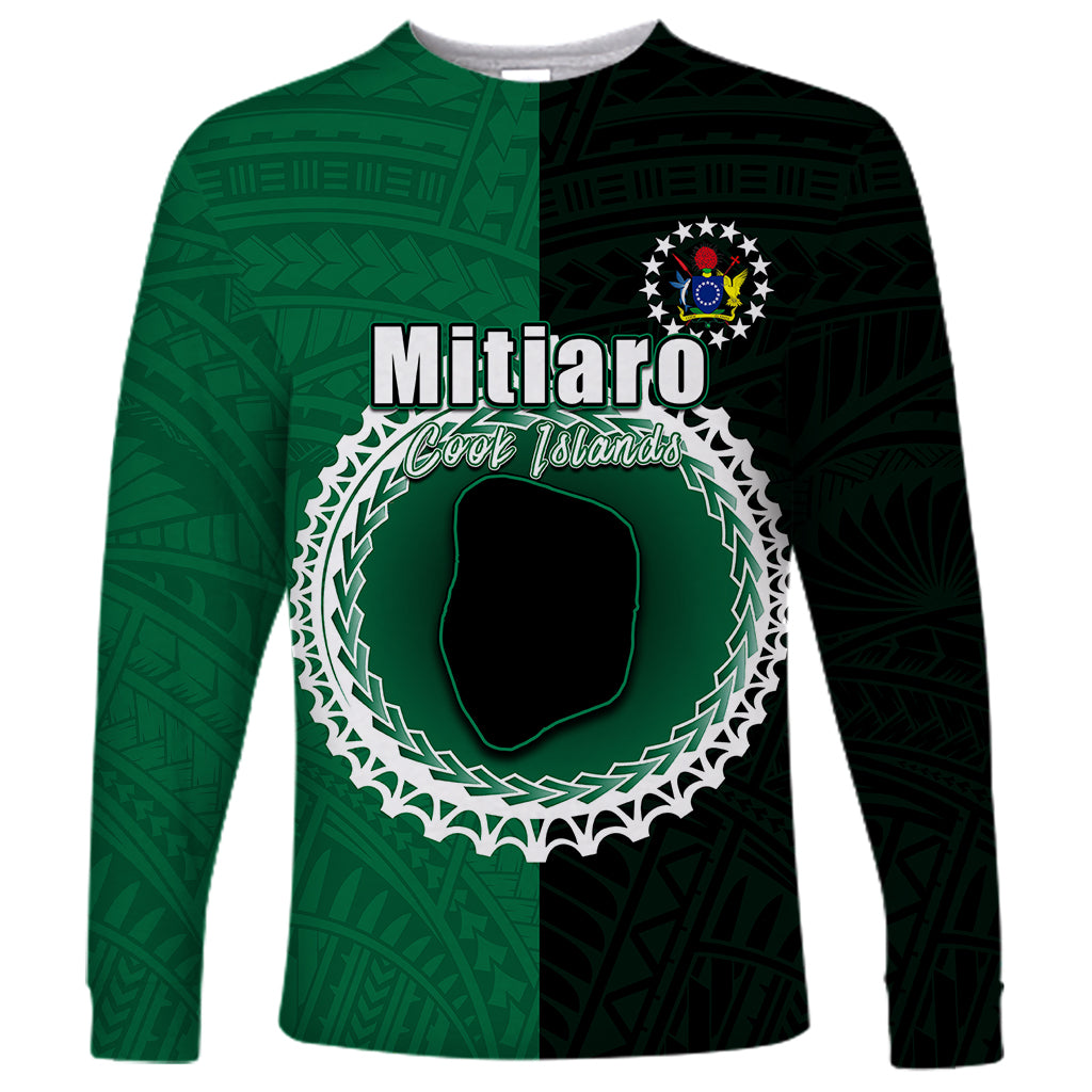 Custom Mitiaro Of Cook Islands Long Sleeve Shirt Mix Half Black LT6 Unisex Green - Polynesian Pride