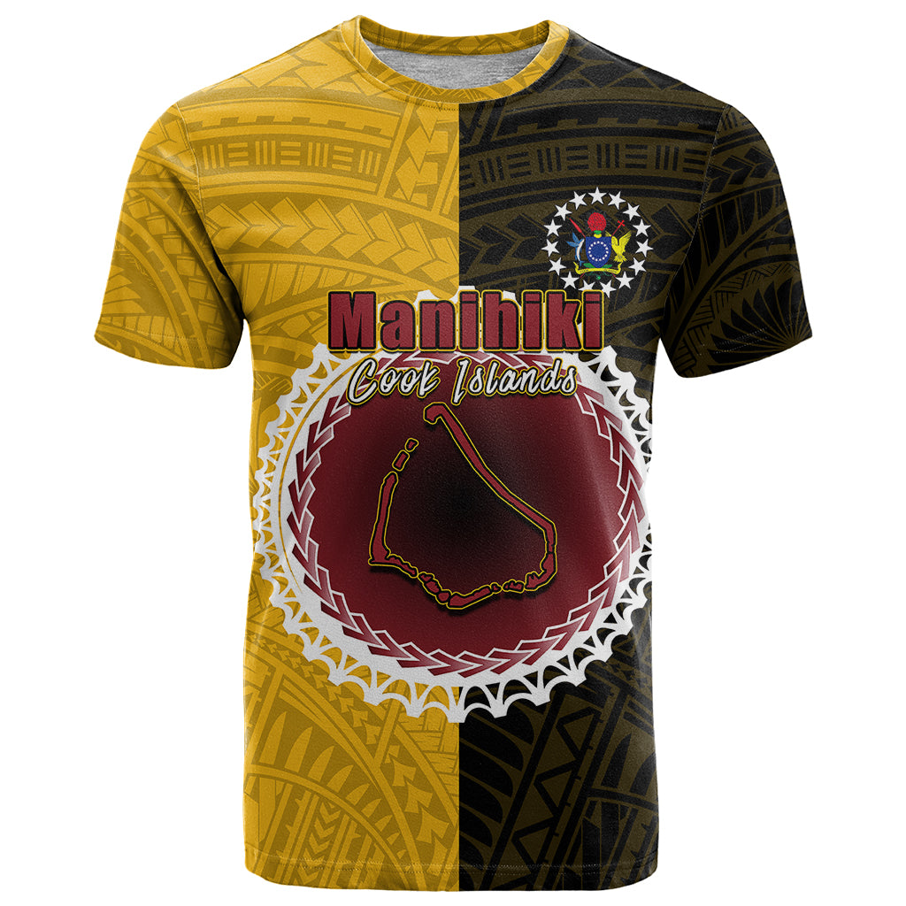 Custom Manihiki of Cook Islands T Shirt Mix Half Black LT6 Yellow - Polynesian Pride