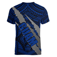 Polynesian Guam Women V Neck T Shirt with Coat Of Arms Claws Style - Blue LT6 - Polynesian Pride