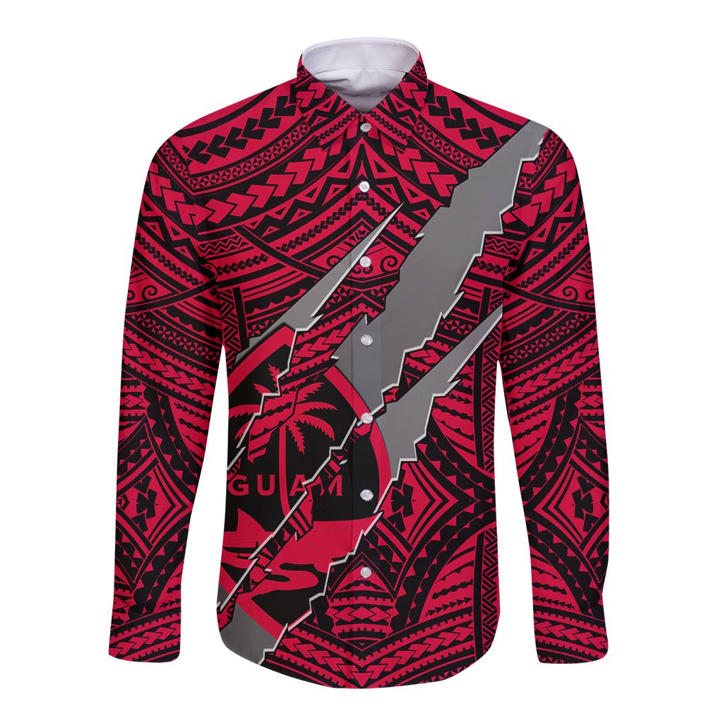 Polynesian Guam Long Sleeve Button Shirt with Coat Of Arms Claws Style - Red LT6 Unisex Red - Polynesian Pride