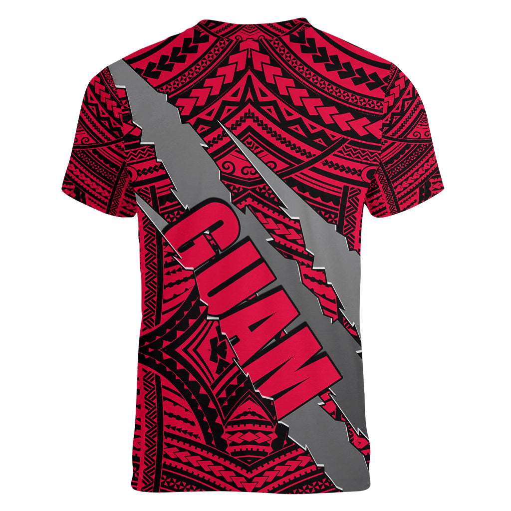 Polynesian Guam Women V Neck T Shirt with Coat Of Arms Claws Style - Red LT6 - Polynesian Pride