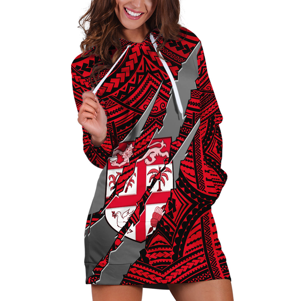 Polynesian Fiji Hoodie Dress with Coat Of Arms Claws Style - Red LT6 Red - Polynesian Pride