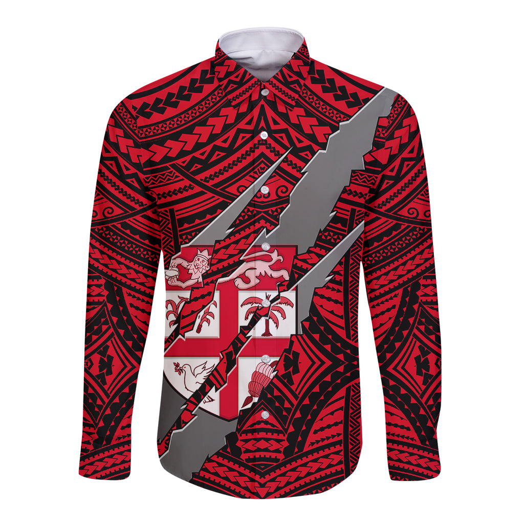 Polynesian Fiji Long Sleeve Button Shirt with Coat Of Arms Claws Style - Red LT6 Unisex Red - Polynesian Pride