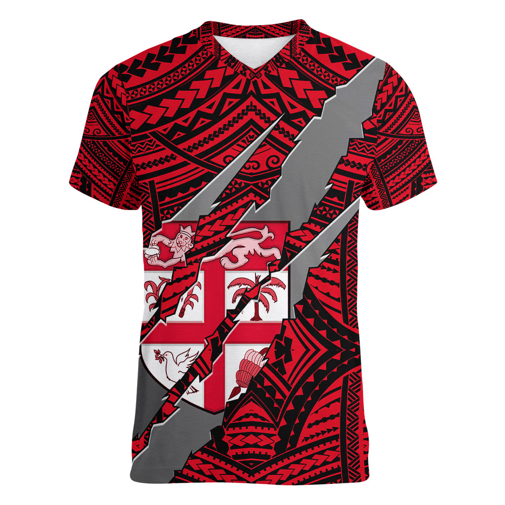 Polynesian Fiji Women V Neck T Shirt with Coat Of Arms Claws Style - Red LT6 Female Red - Polynesian Pride