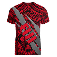 Polynesian Fiji Women V Neck T Shirt with Coat Of Arms Claws Style - Red LT6 - Polynesian Pride
