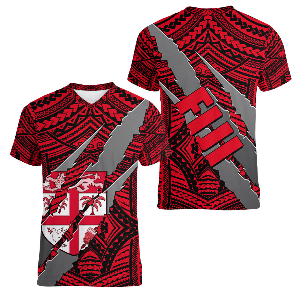 Polynesian Fiji Women V Neck T Shirt with Coat Of Arms Claws Style - Red LT6 - Polynesian Pride