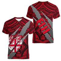 Polynesian Fiji Women V Neck T Shirt with Coat Of Arms Claws Style - Red LT6 - Polynesian Pride