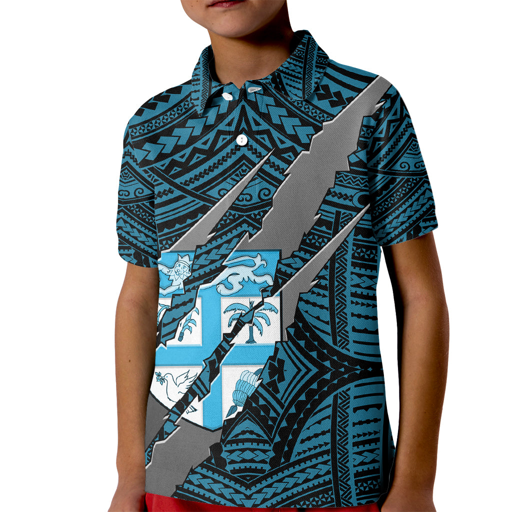 Polynesian Fiji Kid Polo Shirt with Coat Of Arms Claws Style - Blue LT6 Kid Blue - Polynesian Pride