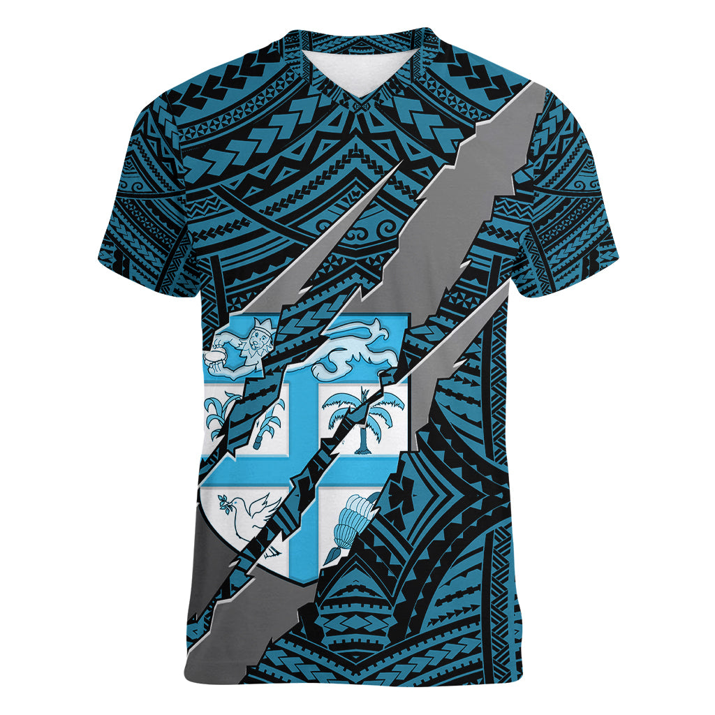 Polynesian Fiji Women V Neck T Shirt with Coat Of Arms Claws Style - Blue LT6 Female Blue - Polynesian Pride