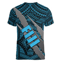 Polynesian Fiji Women V Neck T Shirt with Coat Of Arms Claws Style - Blue LT6 - Polynesian Pride