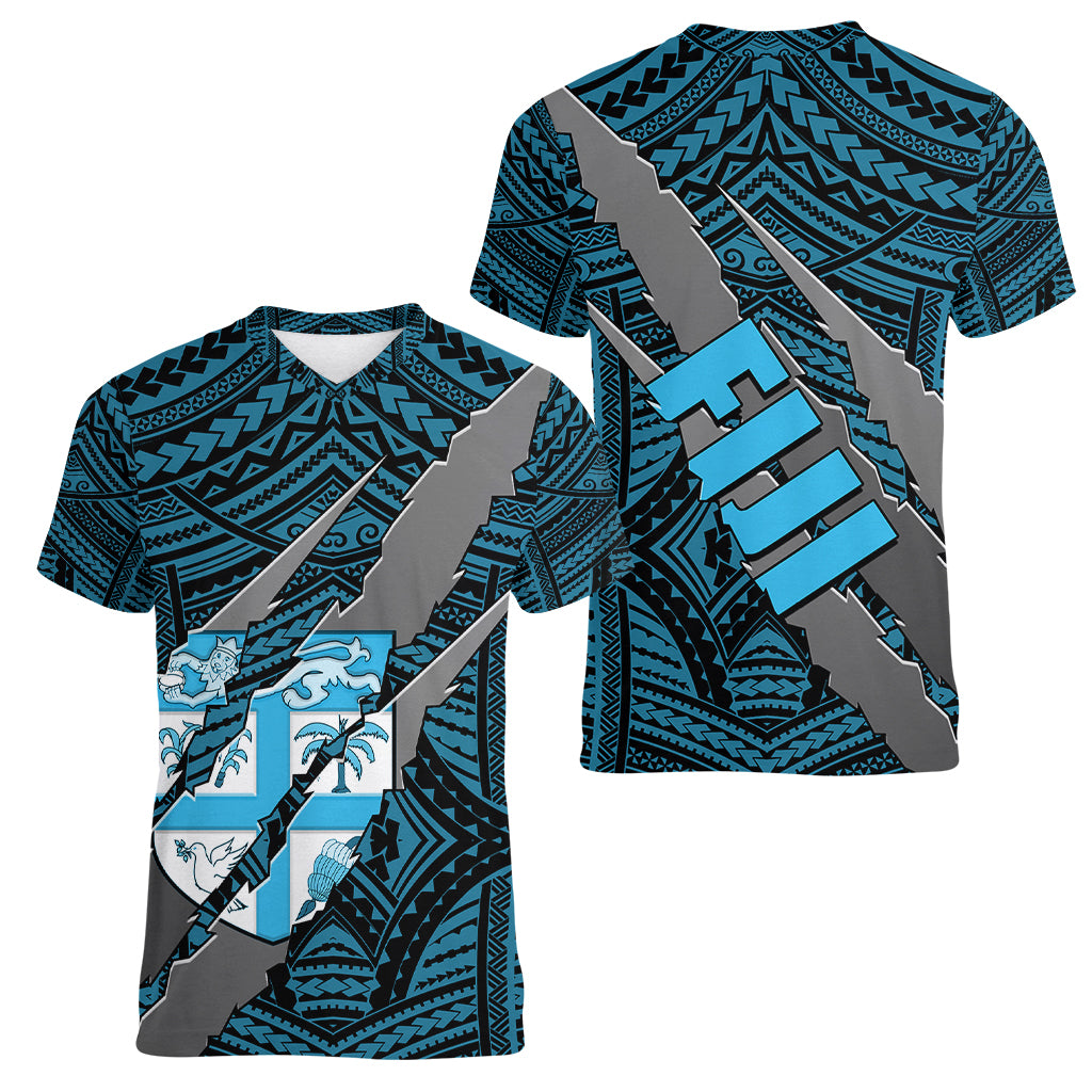 Polynesian Fiji Women V Neck T Shirt with Coat Of Arms Claws Style - Blue LT6 - Polynesian Pride