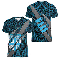 Polynesian Fiji Women V Neck T Shirt with Coat Of Arms Claws Style - Blue LT6 - Polynesian Pride