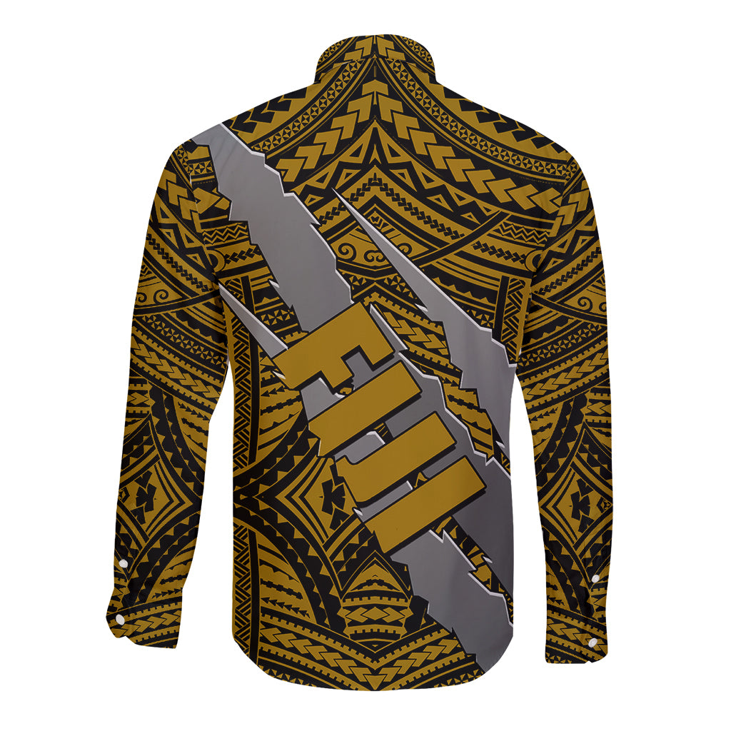 Polynesian Fiji Long Sleeve Button Shirt with Coat Of Arms Claws Style - Gold LT6 - Polynesian Pride