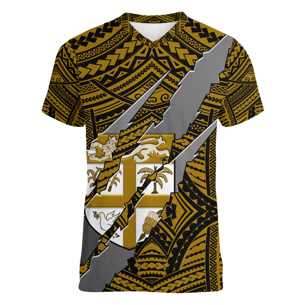 Polynesian Fiji Women V Neck T Shirt with Coat Of Arms Claws Style - Gold LT6 Female Gold - Polynesian Pride