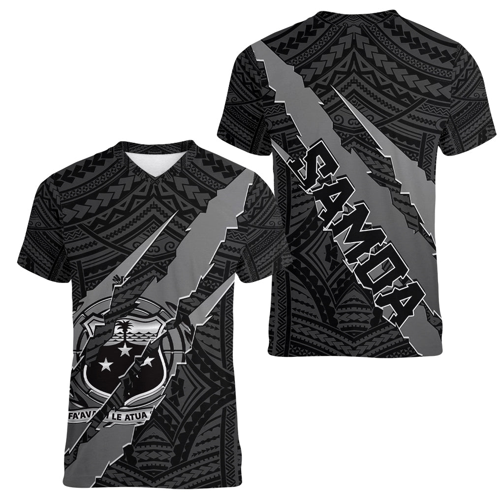 Polynesian Samoa Women V Neck T Shirt with Coat Of Arms Claws Style - Black LT6 - Polynesian Pride