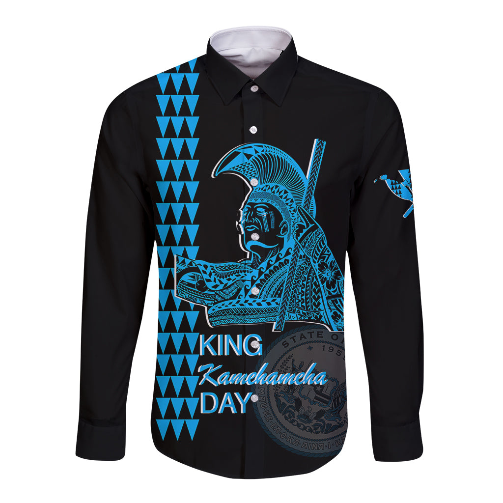 Custom Hawaii Long Sleeve Button Shirt King Kamehameha Day - Blue LT6 Unisex Blue - Polynesian Pride