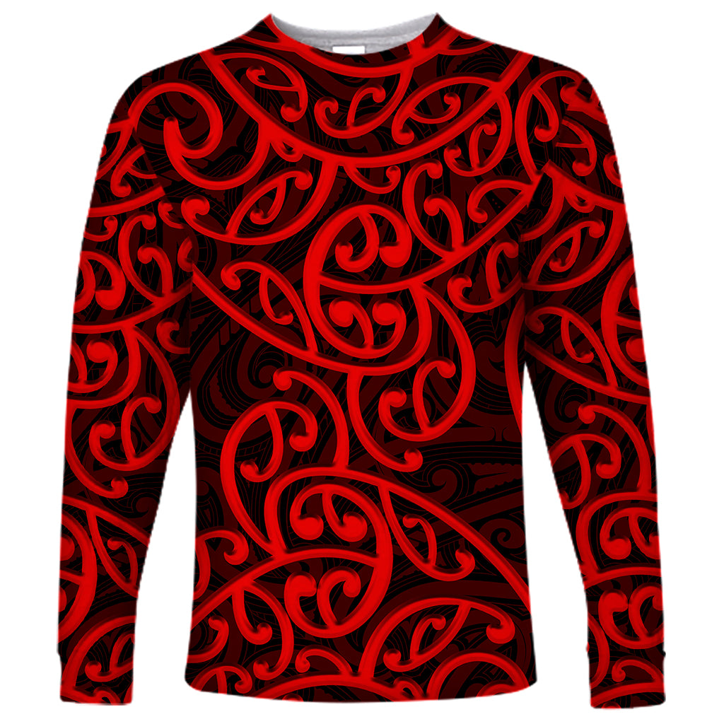 New Zealand Long Sleeve Shirt Maori Pattern Red LT6 Unisex Red - Polynesian Pride