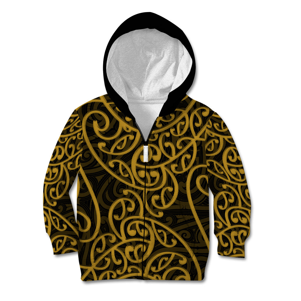 New Zealand Kid Hoodie Maori Pattern Gold LT6 Zip Hoodie Gold - Polynesian Pride