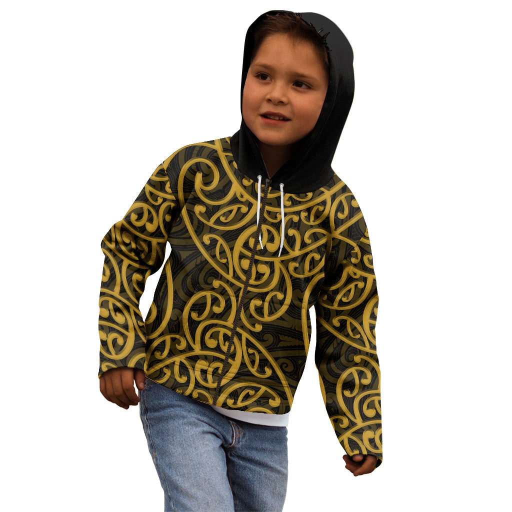 New Zealand Kid Hoodie Maori Pattern Gold LT6 - Polynesian Pride