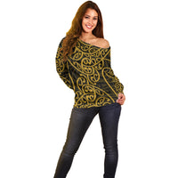 New Zealand Off Shoulder Sweater Maori Pattern Gold LT6 - Polynesian Pride