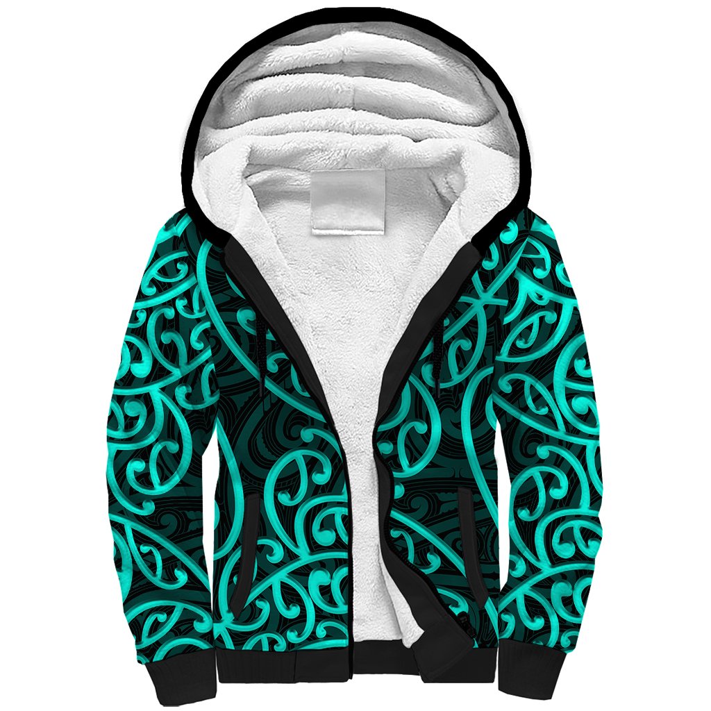 New Zealand Sherpa Hoodie Maori Pattern Turquoise LT6 Unisex Green - Polynesian Pride
