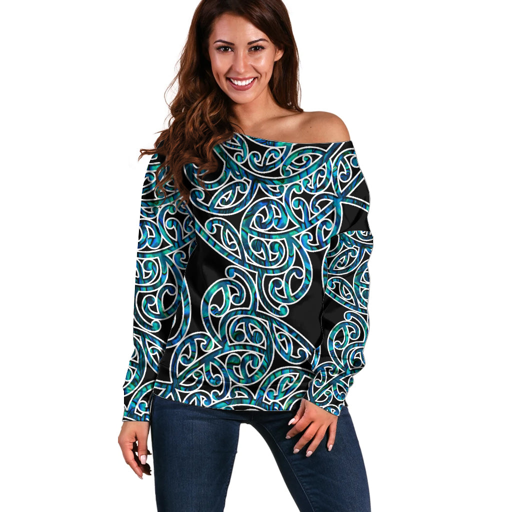 New Zealand Off Shoulder Sweater Maori Pattern Papua Shell LT6 Women Green - Polynesian Pride